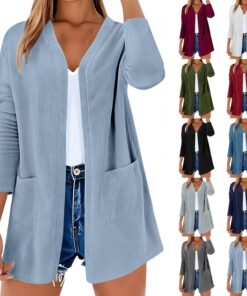 HUIFUAO - Cárdigans de pana para mujer, talla grande, con frente abierto, chal, casual, manga larga, ligera, con bolsillos