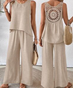 Conjunto de 2 piezas de verano para mujer, camiseta sin mangas y pantalones de pierna ancha, pantalones palazzo con cintura y espalda de ganchillo