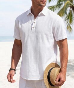 Polo de lino de verano para hombre, manga corta, holgado, casual, transpirable, ligero, color liso, para negocios y playa