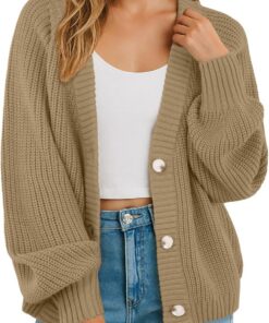 GRECERELLE Cárdigan suave de manga larga para mujer, suéter de punto con cuello en V, suéter de gran tamaño, holgado, grueso, con botones, para mujer, otoño, invierno, primavera