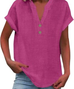 Camisa de lino para mujer, informal, elegante, de verano, con botones, manga corta, cuello en V, color liso, cómodas blusas