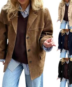 HUIFUAO - Chaquetas de gamuza para mujer, talla grande, de piel sintética, manga larga, con botones, solapa, chaquetas de otoño e invierno, abrigos elegantes y modernos con bolsillos, Z01 Negro, S
