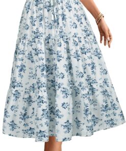 Falda midi de cintura alta elástica para mujer, casual, de verano, a la moda, con lazo frontal, con volantes, estampado floral, falda acampanada DJ626