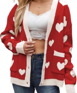 Sexy Outfit Cárdigans de Punto para el día de San Valentín para Mujer, Lindo Estampado de corazón, Manga Larga con Botones, suéteres cálidos, Ropa estética