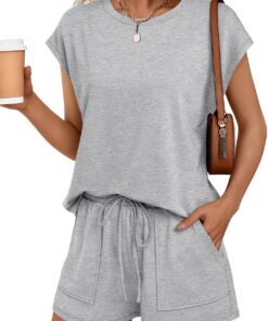 Conjunto de dos piezas para mujer, de verano, cuello redondo, pantalones cortos, con cordón, manga casquillo y bolsillo
