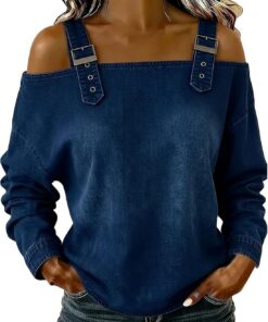 Camiseta vaquera retro de manga larga con hombros descubiertos para mujer, diseño de correas de hebilla ajustables, diseño 2026, camisa de mezclilla casual de moda para primavera y verano