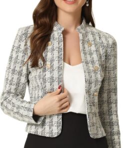 Allegra K Chaquetas de tweed vintage para mujer, cuello alto, chaqueta corta con frente abierto | Cuello alto, chaqueta corta a cuadros vintage, trajes casuales elegantes, primavera, otoño e invierno