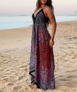 Vestido de verano para mujer, vestido de playa con estampado floral, cuello en V, tirantes delgados