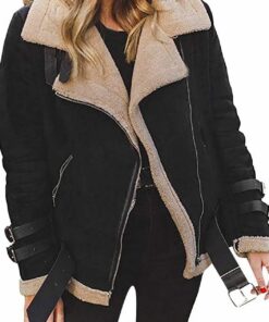 YMING Mujeres Vintage Faux Fur Chaquetas Suede Casual Lambswool Biker Chaqueta