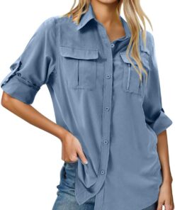 Camisas de manga larga con botones y solapa para mujer, color liso, casual, blusa tipo túnica, camisa de caza para mujer, camisa de caza al aire libre, de secado rápido, camisa de senderismo con
