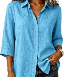 Camisa de algodón y lino con cuello y botones frontales para mujer, blusa de manga fluida de tres cuartos, prenda casual elegante pulida para turnos de oficina, viajes y viajes de negocios