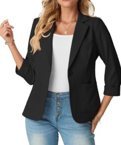 GRECERELLE Blazer elegante para mujer, manga 3/4, solapas, cuello, chaquetas de negocios, trabajo, oficina, cárdigans y blazers con bolsillos y botones para mujer