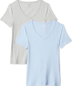 Amazon Essentials Mujer Camiseta de Cuello en Pico de Manga Corta y Ajuste Entallado