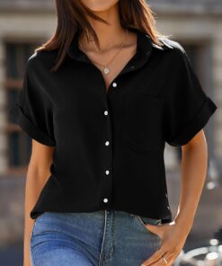 Camisas de manga corta para mujer, cuello en V, botones y bolsillos