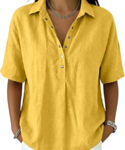 Blusa de lino y algodón para mujer, de verano, media manga, cuello en V, gasa, elegante, casual, para el verano