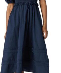 Amazon Essentials Mujer Vestido Midi Entallado y con Vuelo de Satén de Algodón con Mangas Abullonadas y Cuello en V