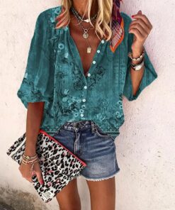 Camisa de manga 3/4 con estampado floral étnico bohemio para mujer, estilo informal, cuello redondo