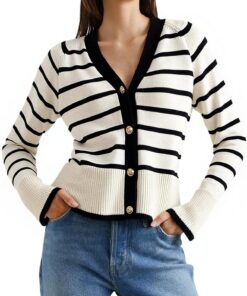 Cárdigan de punto a rayas para mujer, de manga larga, con botones, cuello en V, clásico, informal, para mujer