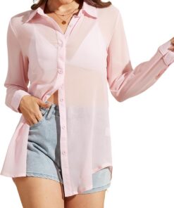 Arssm Blusa transparente para mujer, con botones, manga larga, sexi, transparente, de malla