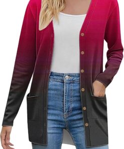 HUIFUAO - Cárdigan de punto para mujer, de gran tamaño, con botones, parte delantera abierta, suéter de manga larga, degradado, con bolsillo