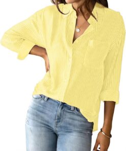 Camisa a rayas con botones para mujer, clásica, casual, de manga larga, holgada, para oficina, trabajo, con bolsillo