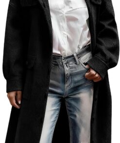 HUIFUAO - Abrigos de lana para mujer, talla grande, chaqueta de tweed de manga larga con botones de solapa, abrigos para otoño e invierno, chaqueta casual cálida con bolsillos, Negro, XXL