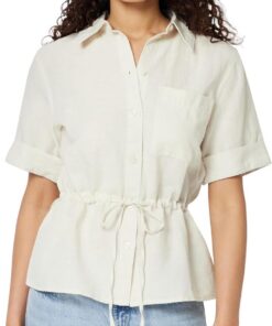 Amazon Essentials Camisa de Manga Ancha con Mezcla de Lino de Corte Holgado con Cintura Ajustable Mujer
