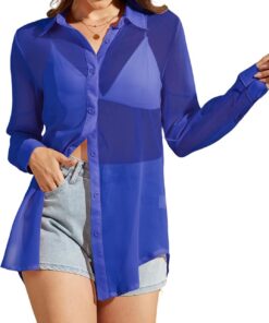 Arssm Blusa transparente para mujer, con botones, manga larga, sexi, transparente, de malla