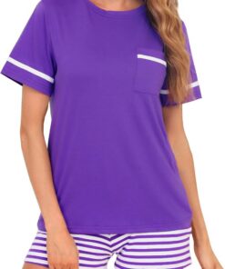 Pijama Mujer Verano Algodon Manga Corta Pijamas Conjunto de Camisetas Manga Corta Mujer con Pantalones Cortos y Bolsillos Cómodo y Transpirable