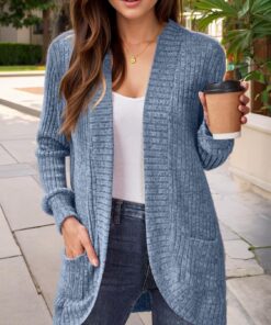 Cárdigan ligero de manga larga para mujer, frente abierto, casual, con bolsillos, cárdigan de otoño para mujer
