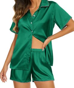 Conjuntos de pijama de satén de seda para mujer de manga corta con botones, ropa de dormir acogedora, ropa de descanso de 2 piezas, conjunto de shorts, Verde, S