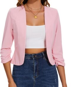 Blazer corto para mujer, trajes y blazers sin cuello, chaquetas con frente abierto, manga fruncida 3/4, ropa exterior, cárdigan de medio lino