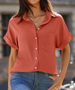 Camisas de manga corta para mujer, cuello en V, botones y bolsillos