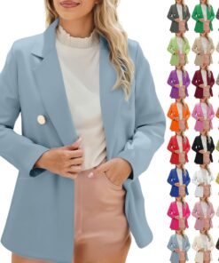 HUIFUAO Blazers para mujer, talla grande, cuello en V, traje de trabajo, chaqueta de trabajo, elegante, casual, manga larga, botones de doble botonadura, ropa exterior con bolsillo, Amarillo #1, 3XL