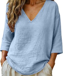 Blusas de lino para mujer, tallas grandes, camisas de gasa de verano, manga 3/4, cuello en V, blusas elegantes, informales, ropa holgada