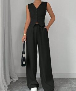 Elegante chaleco sin mangas con botones y pantalones de pierna ancha para mujer, conjunto de dos piezas, ropa casual de oficina para mujer