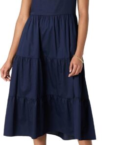 Amazon Essentials Mujer Vestido Midi, a Capas y Holgado de Satén de Algodón con Cuello Redondo