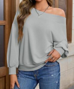 Sudadera de manga larga para mujer, con hombros descubiertos, ajuste holgado