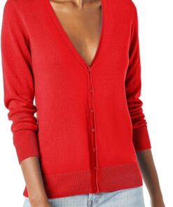 HUIFUAO - Cárdigan de punto de gran tamaño con cuello en V para mujer, suéteres elegantes con botones, cárdigans básicos suaves de manga larga para otoño, rosso, XXXXXXL