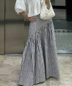 Falda larga a rayas para mujer, con volantes, acampanada, moderna, bohemia