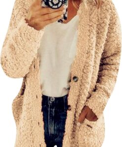 OMZIN Mujeres Chunky Knit Button Cardigan Manga Larga Suave Frente Abierto Cardigan Invierno Outwear con Bolsillos
