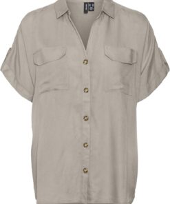 Camisa de Mujer de Manga Corta a Rayas con Bolsillos en el Pecho y Botones