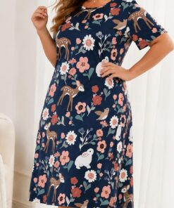 Vestido de casa de talla grande para mujer, camisón de manga corta, ajuste holgado, vestido de dormir, suave, transpirable, ropa de descanso, casual, estampado de oso