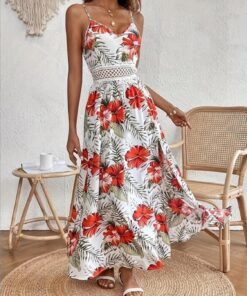 Vestido largo con estampado de hojas tropicales para mujer, tirantes delgados, cuello en V, cintura de encaje, vestido de playa acampanado para vacaciones de verano