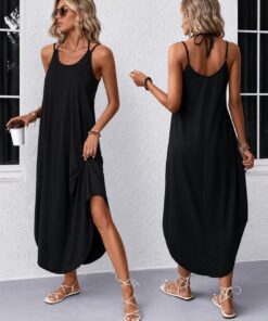 Vestido casual de verano para mujer, sin mangas, cuello en V, dividido, bohemio, para playa, viajes, vacaciones