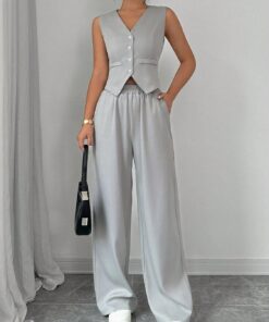 Elegante chaleco sin mangas con botones y pantalones de pierna ancha para mujer, conjunto de dos piezas, ropa casual de oficina para mujer