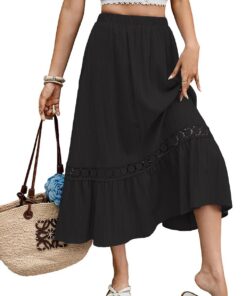 Falda midi elástica de cintura alta escalonada para mujer, ribete de encaje, tela arrugada, falda acampanada, casual, DJ590