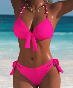 Conjunto de bikini con control de abdomen para mujer, traje de baño de dos piezas con lazo a rayas y cintura alta