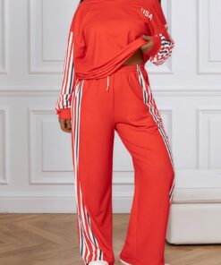 Conjunto deportivo de 2 piezas para mujer, conjunto de pantalones de pierna ancha a rayas en contraste, trajes de viaje