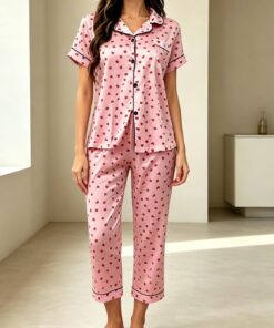 Conjunto de pijama de manga corta con botones y estampado de corazón para mujer, ropa de dormir de satén de seda suave, conjunto de 2 piezas de pijama de verano